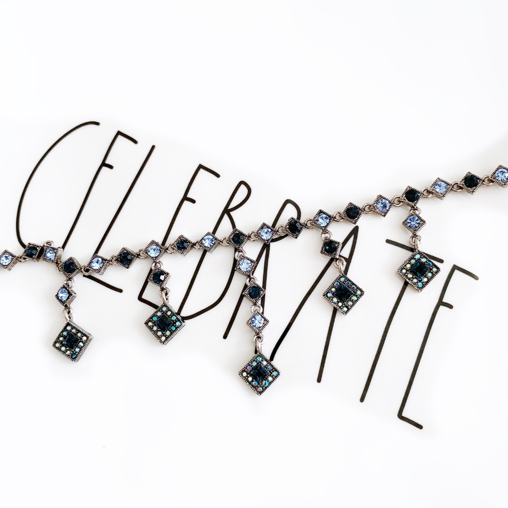 Blue Diamond Shape Rhinestone Necklace - Picture 3 of 7